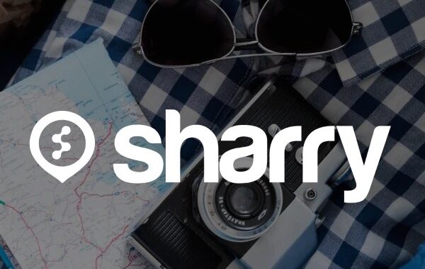 логотип і назва компанії Sharry на фоні фотоапарата та окулярів